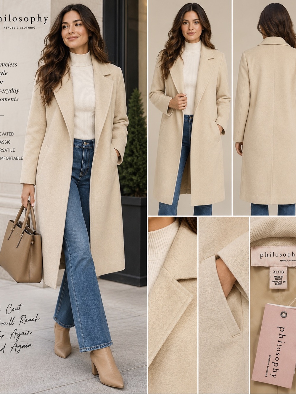NWT Philosophy Republic Beige Longline Coat XL Open Front Duster Jacket